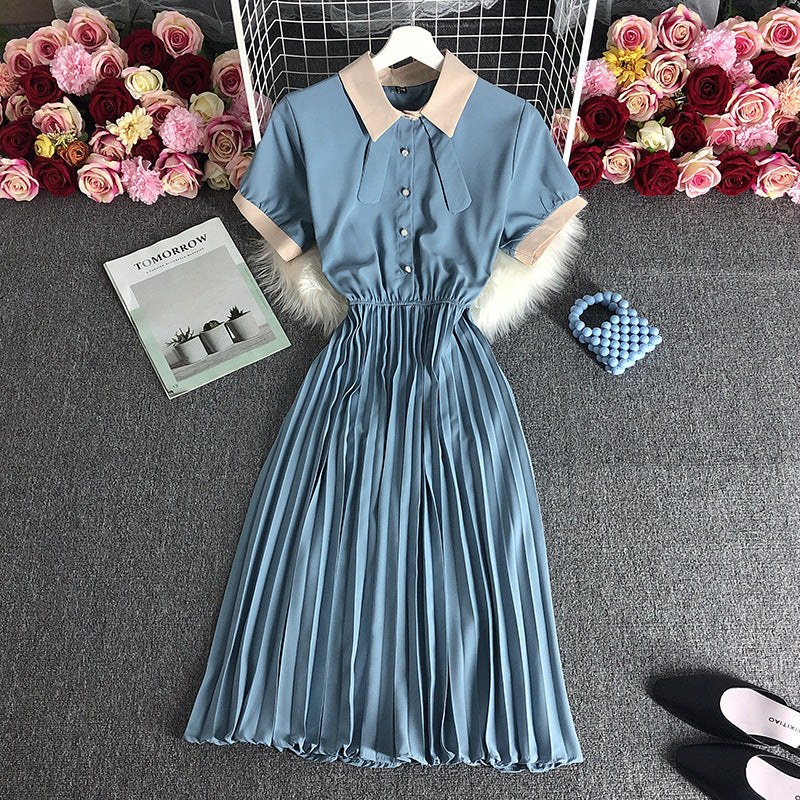 Rochie Miruna albastru deschis cu talie elastica si pliuri