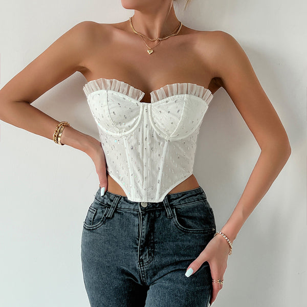 Top Emila cu decolteu tip inima accesorizat cu tull incretit