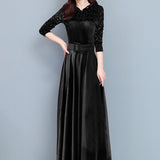 Rochie Bami neagra din catifea cu banda lata in talie