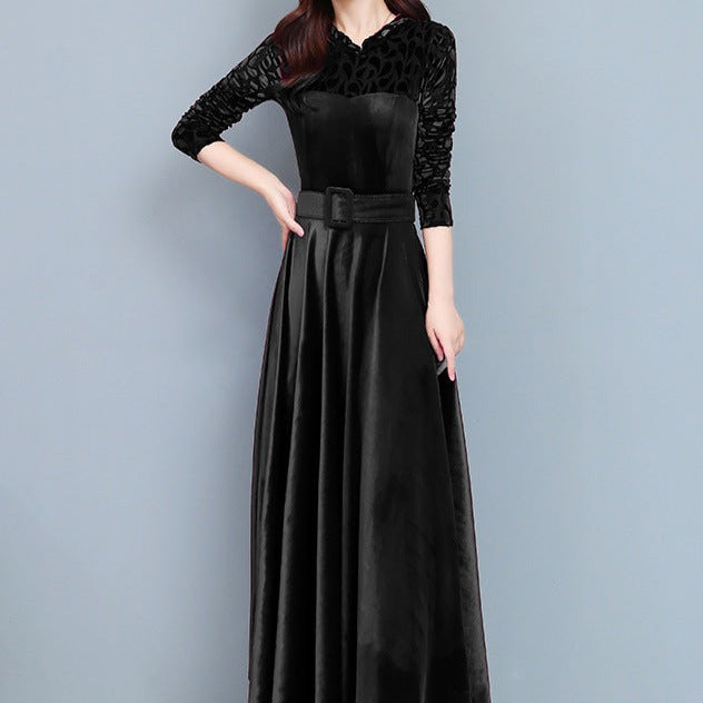 Rochie Bami neagra din catifea cu banda lata in talie