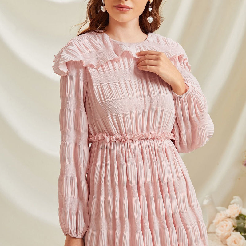 Rochie Yolanda roz pastel din voal cu pliuri