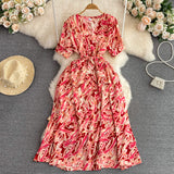 Rochie Onissia rosie cu imprimeu si cordon accesorizat