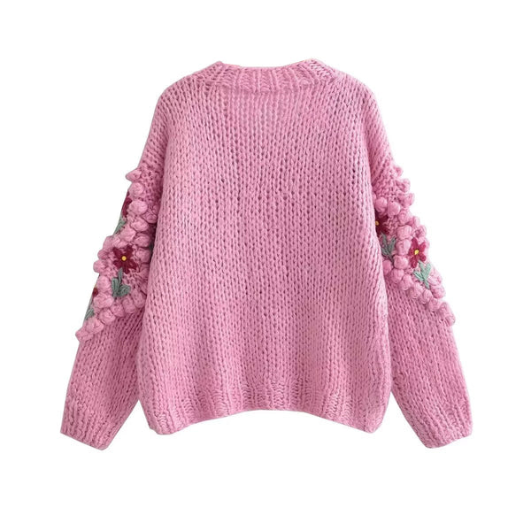 Jerseu tricotat Angelic roz cu pompoane si detalii florale