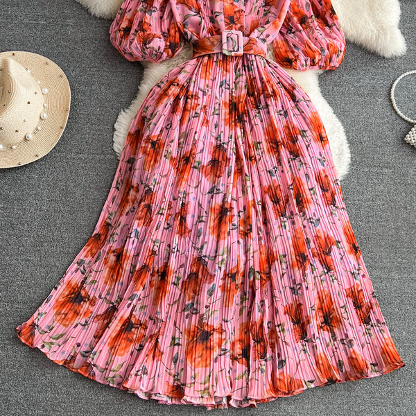 Rochie Galle roz cu flori portocalii cu imprimeu floral si pliuri