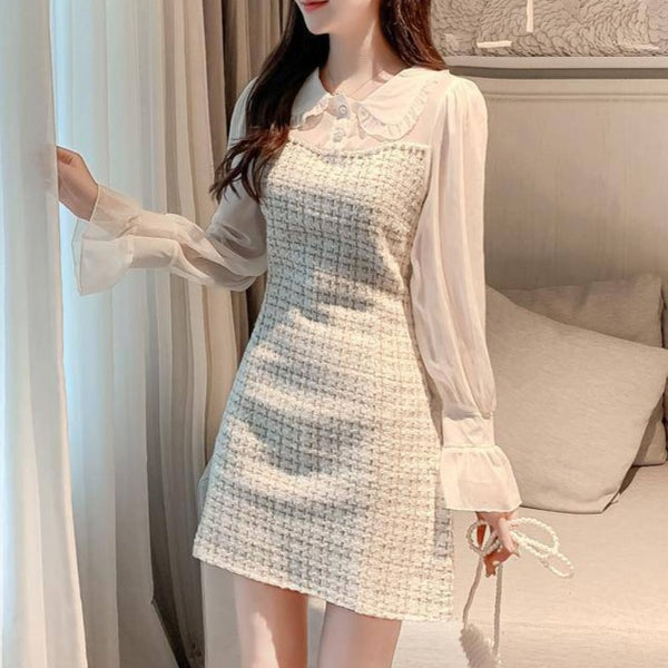 Rochie mini Raquel din tweed si maneci din chiffon