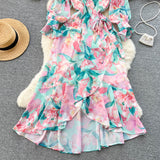 Rochie Gina verde cu decolteu in V si imprimeu floral