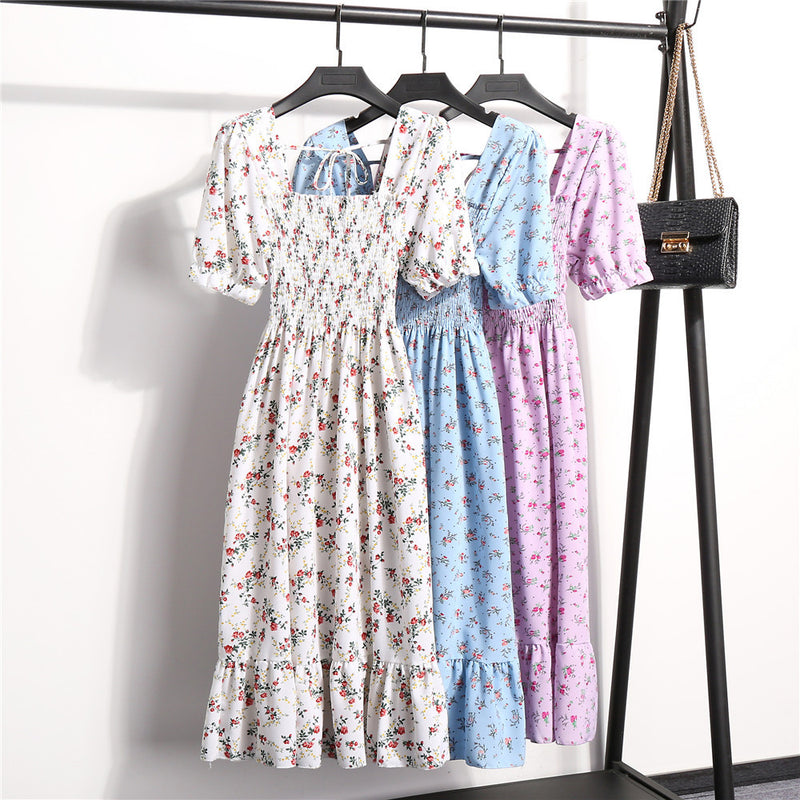 Rochie Danisha alba cu imprimeu floral, decolteu patrat si maneci scurte, bufante