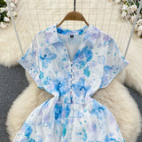 Rochie Brea albastra cu nasturi imbracati si imprimeu floral