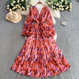 Rochie midi plisata Hoja, imprimeu frunze