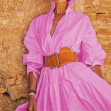 Rochie Minossa roz cu maneci tip clopot cu mansete reglabile prin funda