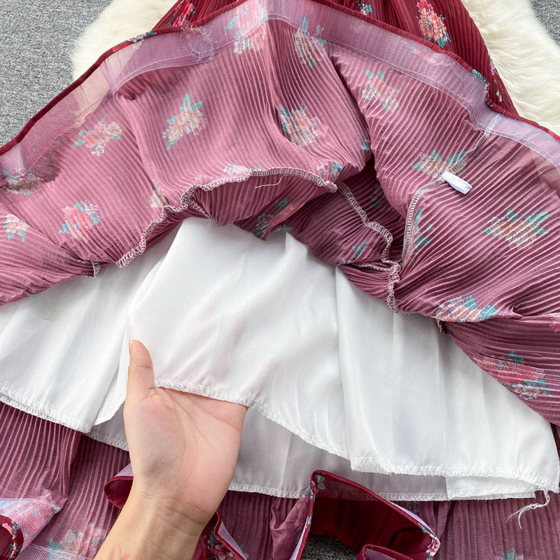 Rochie Echim rosie cu pliuri si imprimeu floral