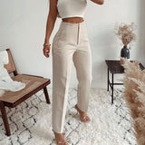 Pantaloni Jemma crem cu talie inalta, croiala conica si pense