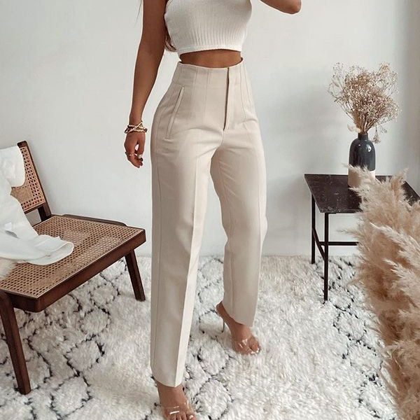 Pantaloni Jemma crem cu talie inalta, croiala conica si pense
