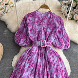 Rochie Galle mov cu imprimeu floral si pliuri