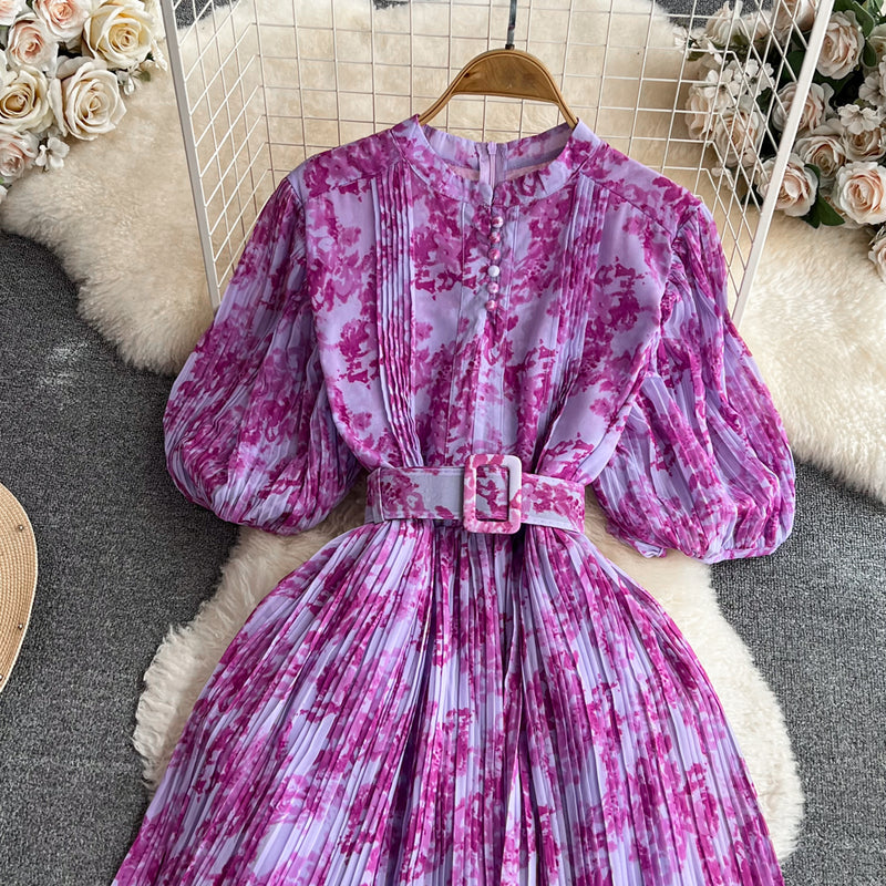 Rochie Galle mov cu imprimeu floral si pliuri