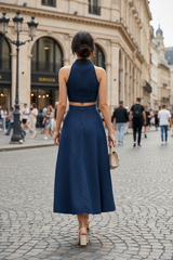 Rochie midi Julya din denim, cu crapaturi in fata