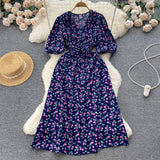 Rochie Gershon bleumarin cu imprimeu floral si decolteu in V