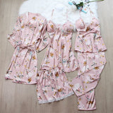 Set pijama Lalle bleumarin din tesatura satinata si dantela - 5 piese