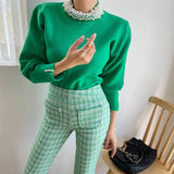 Pulover Ayana verde accesorizata cu perle
