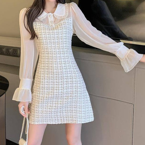 Rochie mini Raquel din tweed si maneci din chiffon