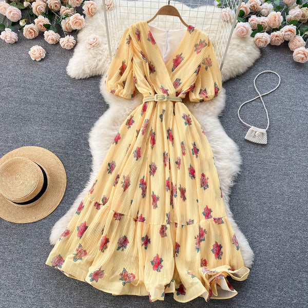 Rochie Echim galbena cu pliuri si imprimeu floral
