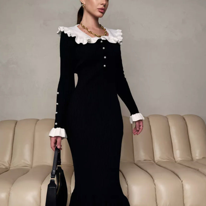 Rochie Asimera din tricot cu guler lat si nasturi perlute
