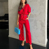 Set Iair rosu compus din camasa si pantaloni drepti