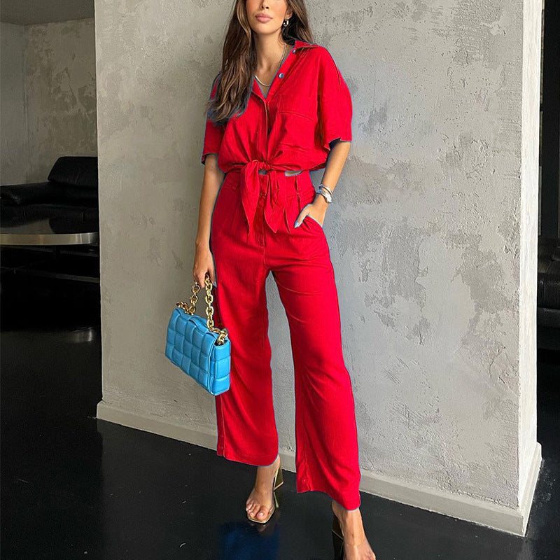 Set Iair rosu compus din camasa si pantaloni drepti
