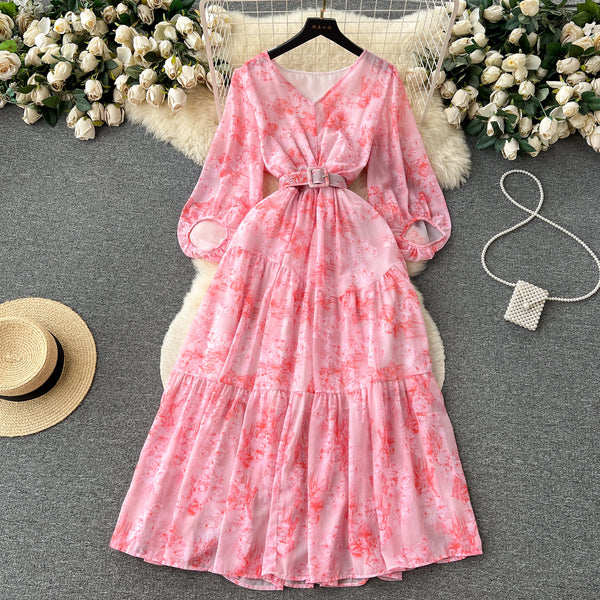 Rochie Arty roz deschis cu decolteu in V si curea accesorizata