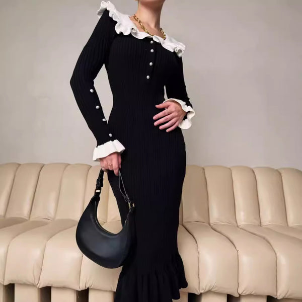 Rochie Asimera din tricot cu guler lat si nasturi perlute
