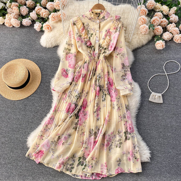 Rochie Miliona galbena cu imprimeu floral si volanase