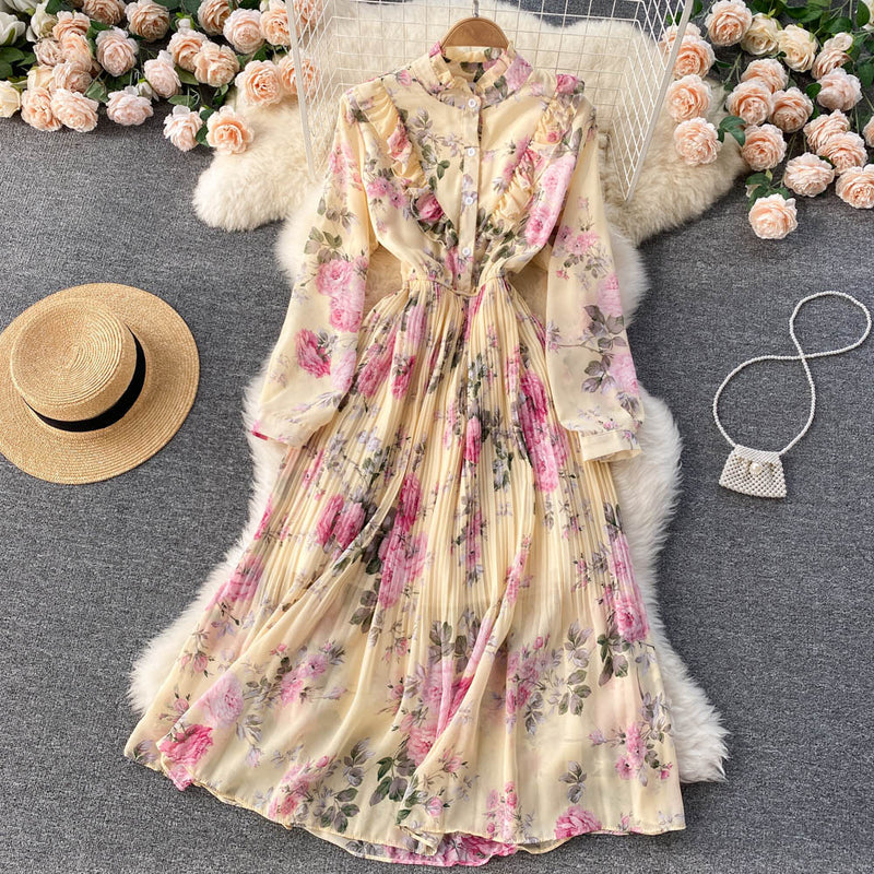 Rochie Miliona galbena cu imprimeu floral si volanase