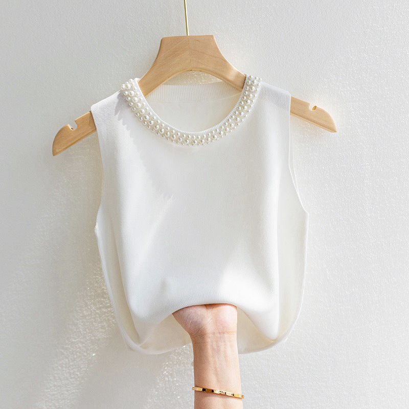 Top Kaelis din tricot cu perle la baza decolteului