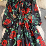 Rochie midi Liria cu imprimeu floral si funda