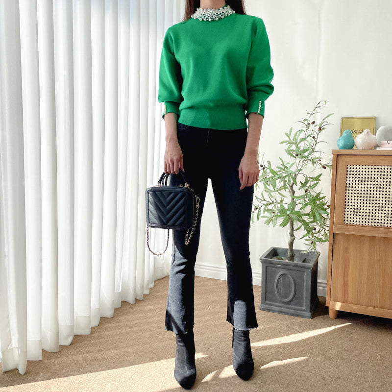 Pulover Ayana verde accesorizata cu perle