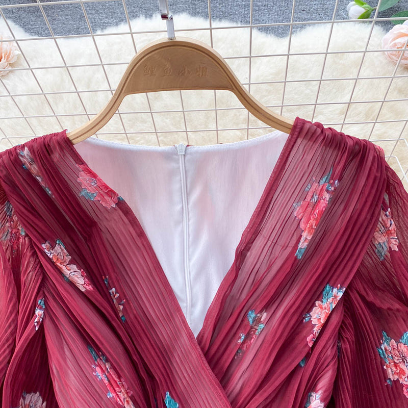 Rochie Echim rosie cu pliuri si imprimeu floral
