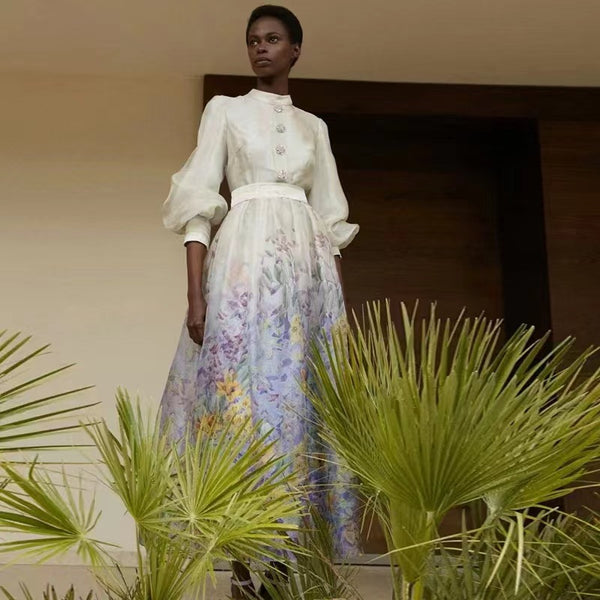 Rochie Finesse albastra cu imprimeu floral si nasturi eleganti