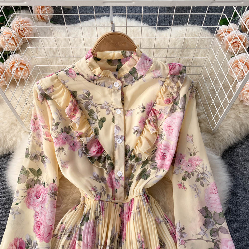 Rochie Miliona galbena cu imprimeu floral si volanase