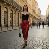 Fusta Aelina rosie lunga cu paiete