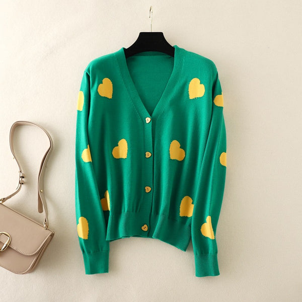 Cardigan Zizan verde din tricot fin, imprimat cu inimioare