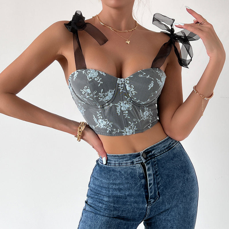 Top Leilani gri cu bretele din tulle