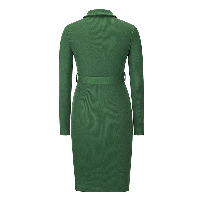 Rochie Monille verde din tricot cu nasturi tip capse si cordon accesorizat
