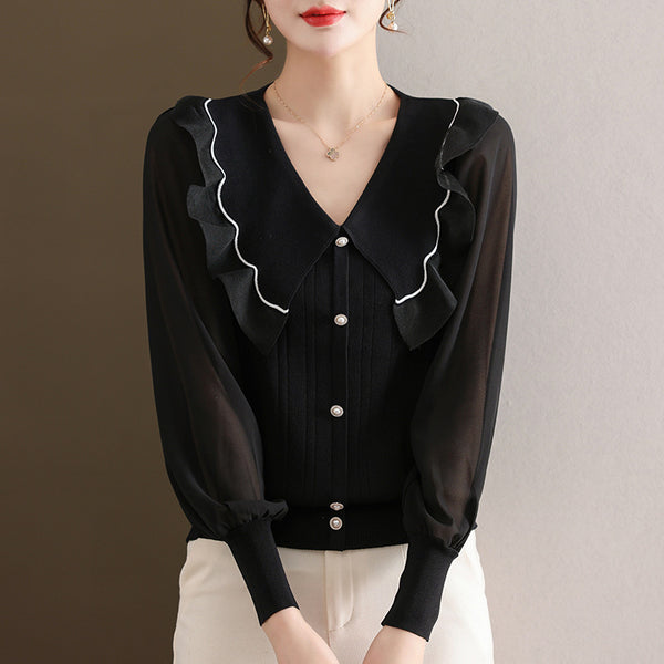 Bluza Nullia neagra cu guler lat si nasturi decorativi