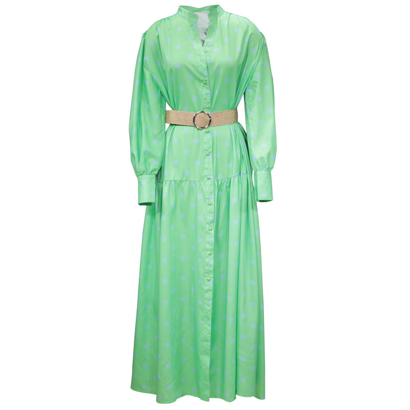 Rochie Silvetta verde cu imprimeu buline si curea