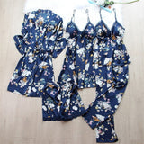 Set pijama Lalle bleumarin din tesatura satinata si dantela - 5 piese