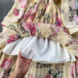 Rochie Miliona galbena cu imprimeu floral si volanase