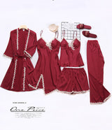 Set pijama Yildiz rosie din tesatura satinata si dantela - 5 piese