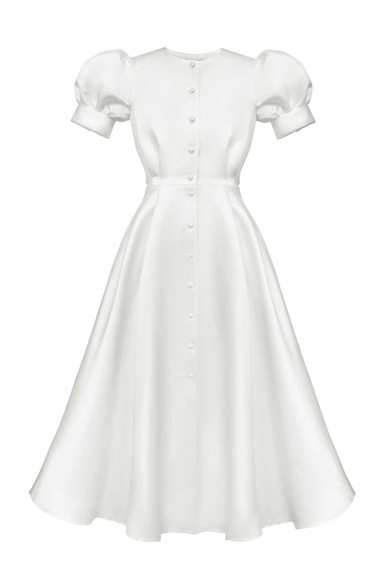 Rochie Afra alba cu nasturi tip perle si maneci bufante