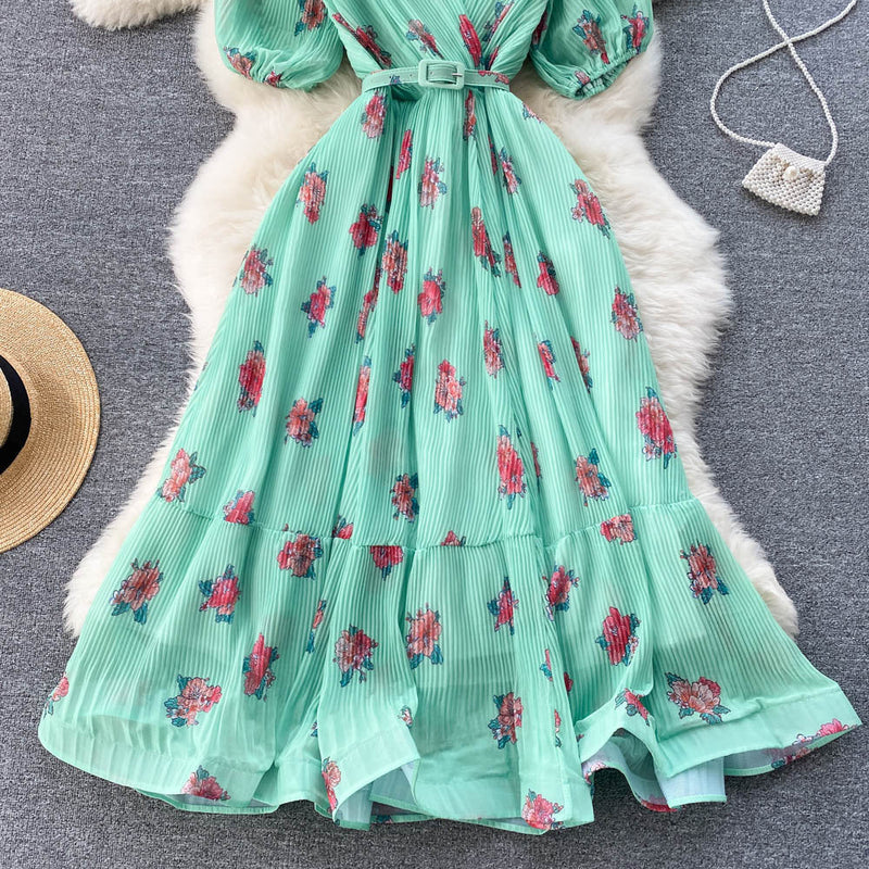 Rochie Echim verde cu pliuri si imprimeu floral