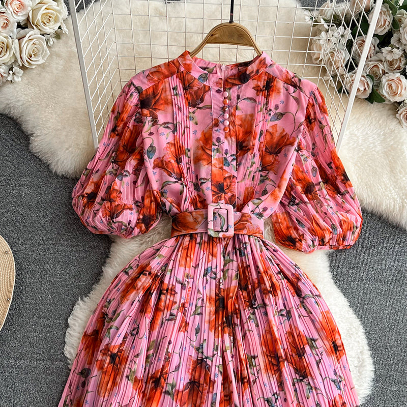 Rochie Galle roz cu flori portocalii cu imprimeu floral si pliuri